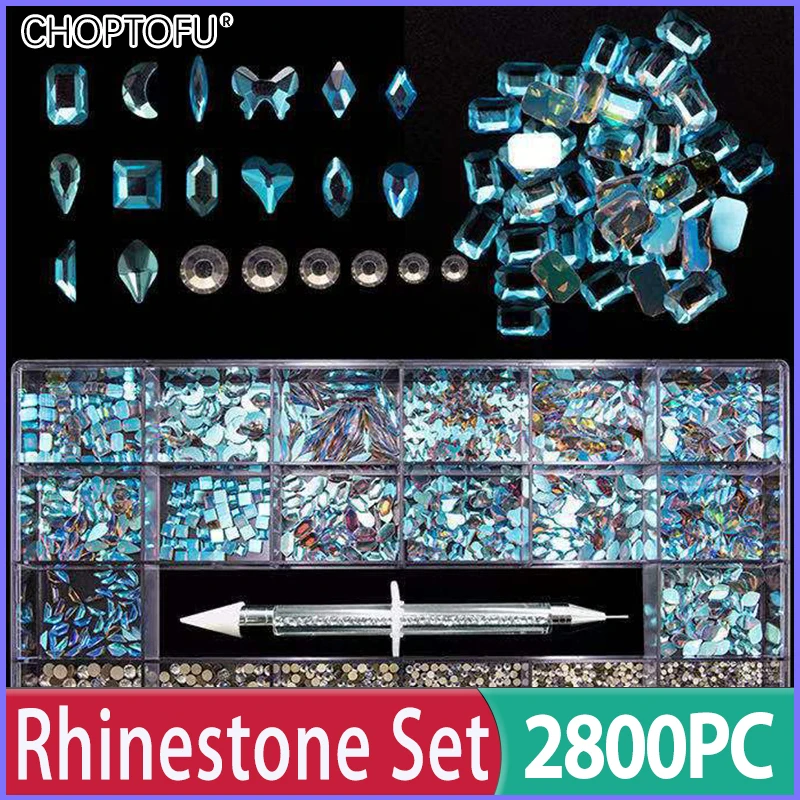 2800PC/Box 21 Grids Crystal Nail Art FlatBack Rhinestones Set Mixed Size Sparkling Nail Rhinestones With 1 Pen For Decorations