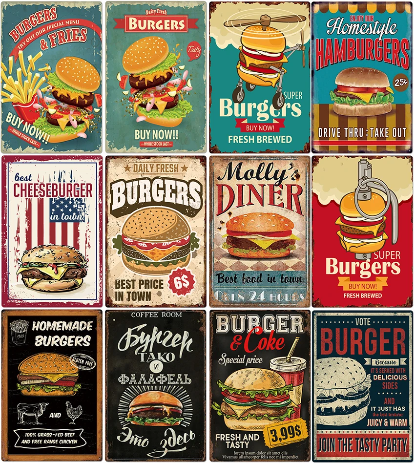 

Burger Hot Dog Beefier Menu Poster Vintage Metal Tin Sign Wall Decor For Kitchen Restaurant Art Plate Painting Tin Plate Plaques