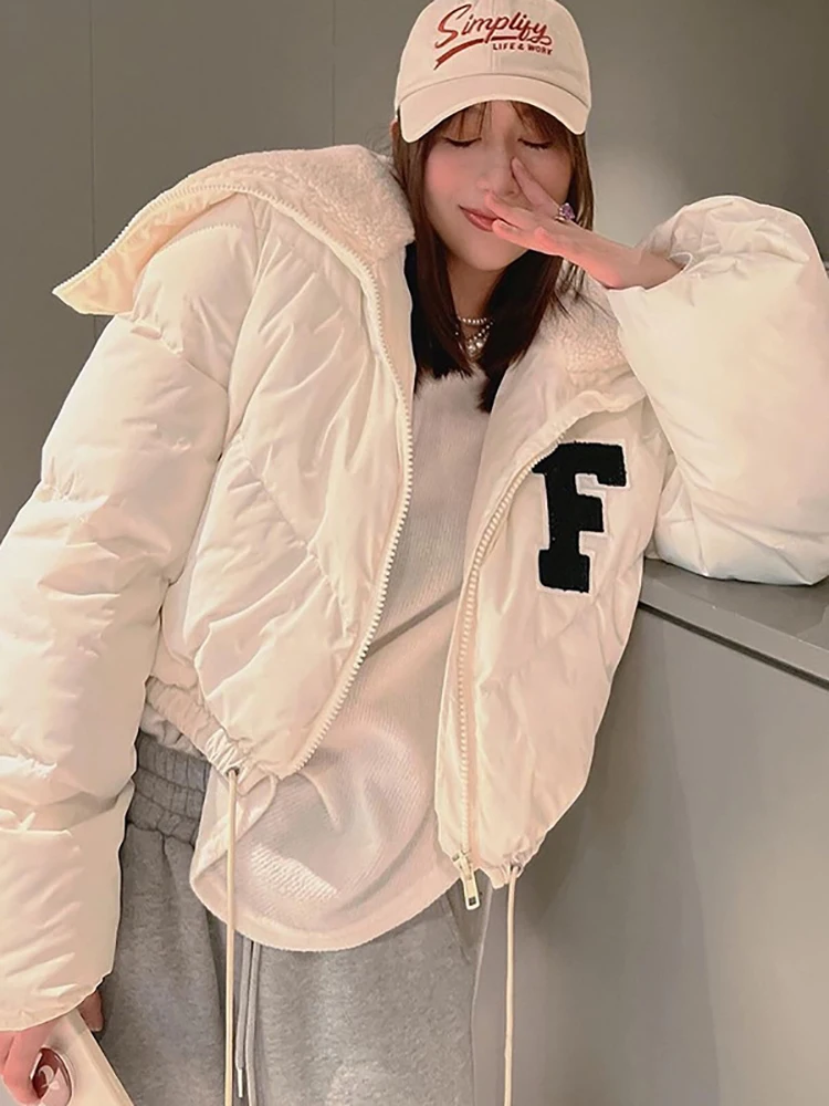 Taruxy Letter Cotton-Padded Women Cropped Jackets 2022 Winter Drawstring Casual Wild Hot Streetwear Wark Coats Outfits Parka