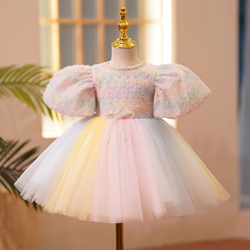 

Latest Multi Color Little Flowers Pearl O-Neck Children's Fancy Frock Baby Girl Fashion Design Kids Party Dresses