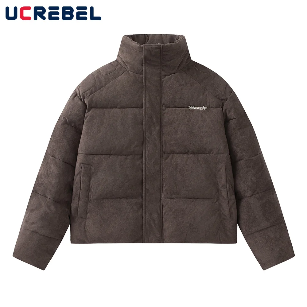 

Замшевая однотонная стеганая куртка для мужчин с надписью, Зимняя Теплая стеганая куртка с завязкой на Подоле и воротником-стойкой, с длинным рукавом, плотная мужская куртка