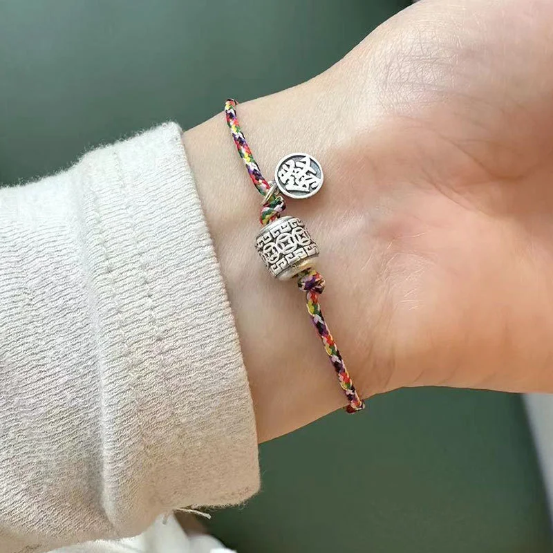 

Round Brand Rich Colorful Rope Bracelet 925 Sterling Silver Simple Handwoven Adjustable B6381