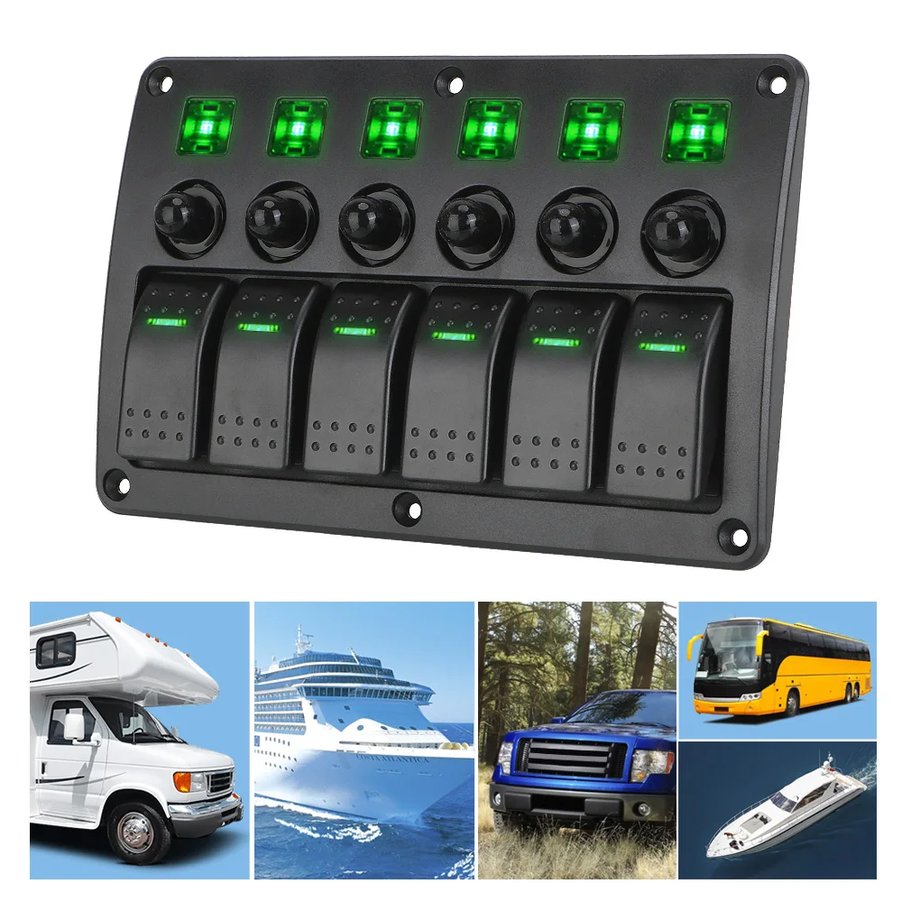 

Waterproof Interior Parts Car Switch Panel LED Light with Sticker 12~24V Circuit Control 6 Gang Marine Rocker Switch Panel