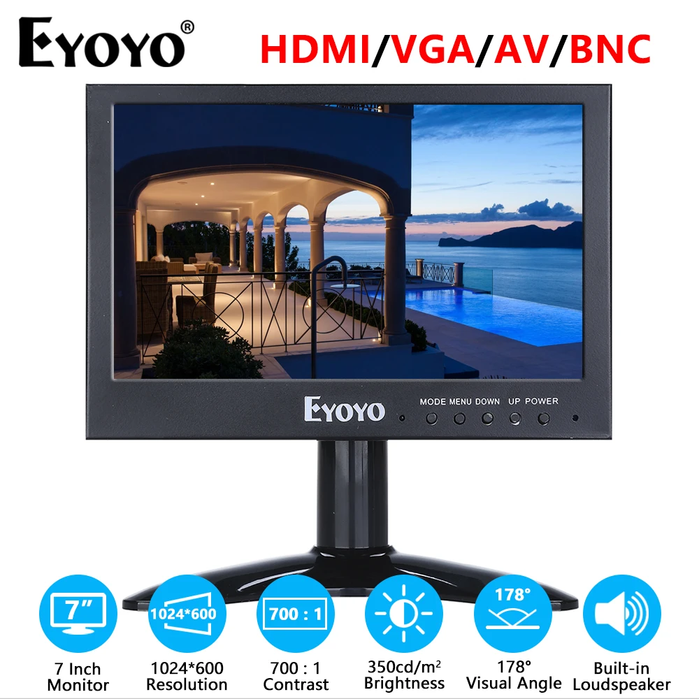 Eyoyo 7-дюймовый мини ЖК-монитор HD 1024x60 0 экран с громкоговорителем BNC/VGA/AV/HDMI вход для DVD ПК ноутбука DVR системы видеонаблюдения