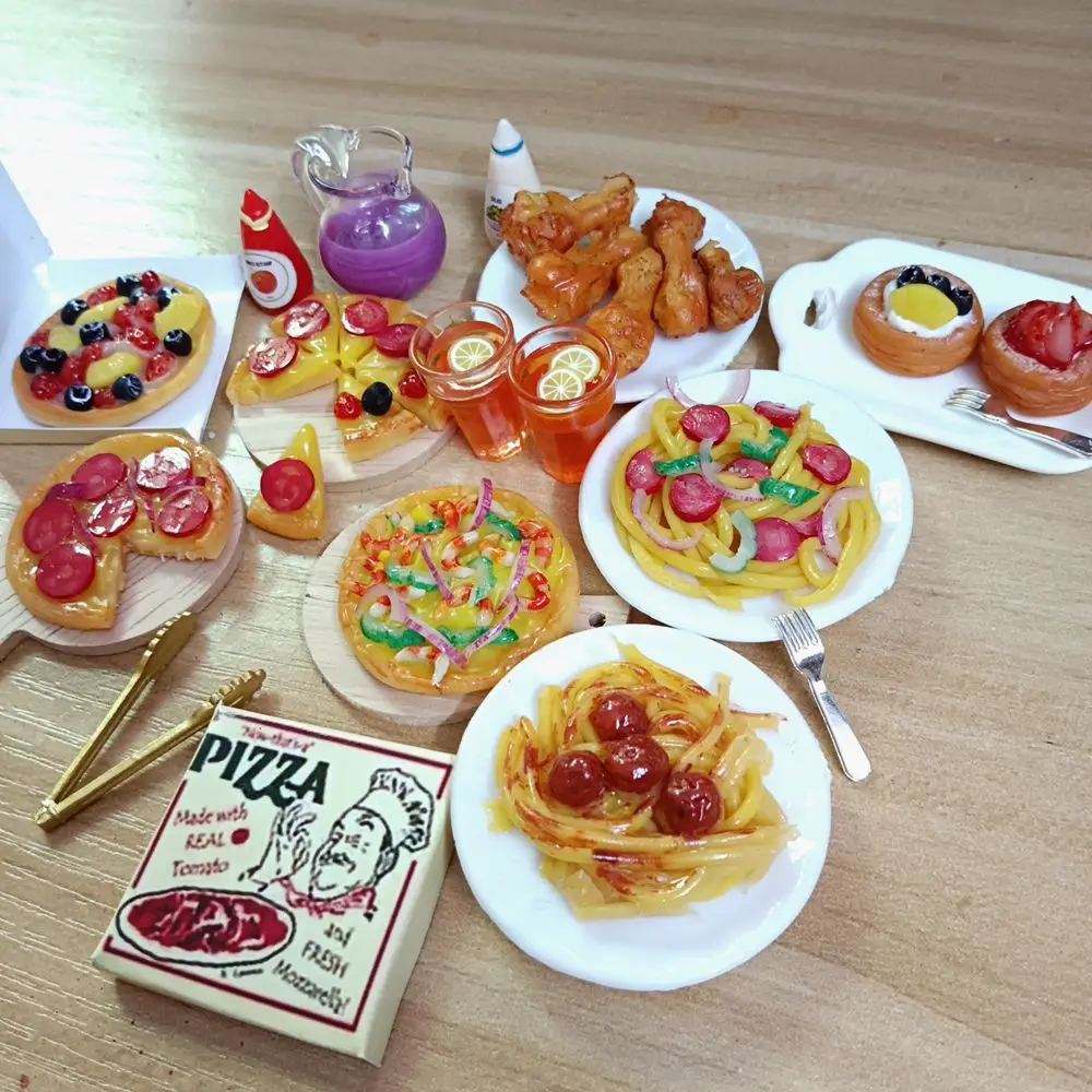 1/6 Scale Dollhouse Miniature Pizza Chicken Fried Chips Juice Mini Fast Food for Blyth BJD Doll House Kitchen Play Accessories