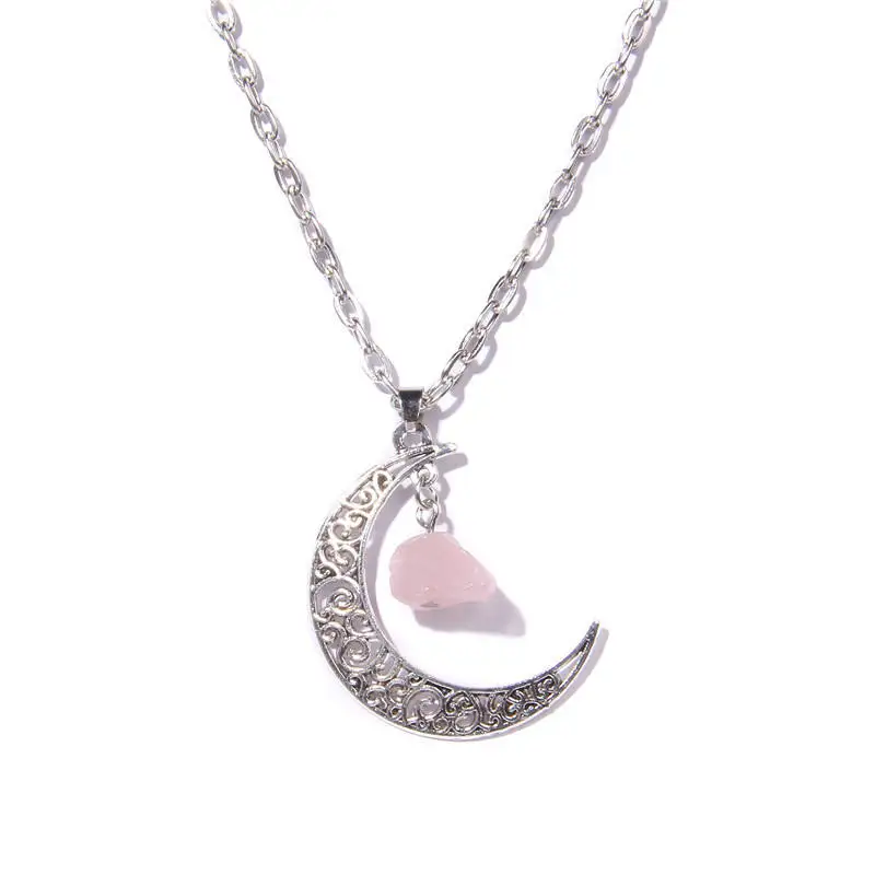 Silvery Color Crescent Moon Pendant Healing Crystals Stones Bead Raw Gemstone Charm Necklaces
