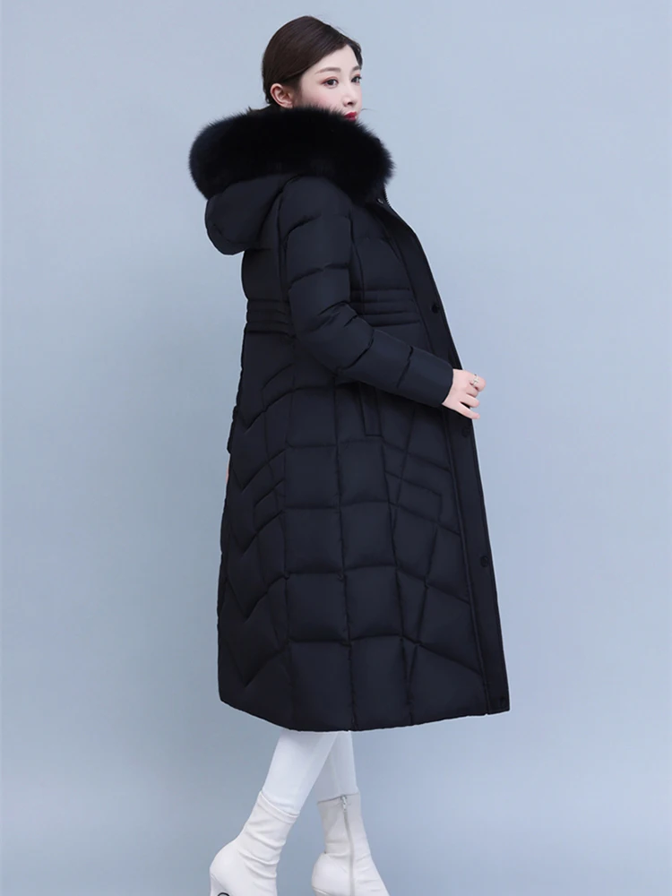 New Women Down Jacket Winter Casual Fashion Thicken Warm Real Fox Fur Collar Hooded Long White Duck Down Coat Slim Overcoat