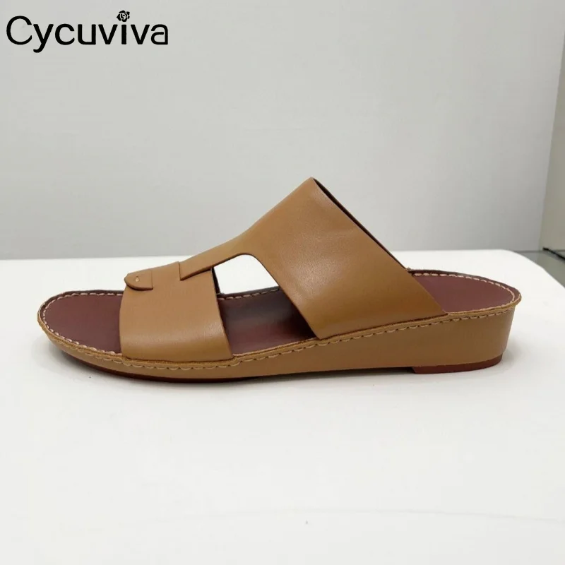 Летние Брендовые мужские шлепанцы на плоской подошве открытые кожаные с