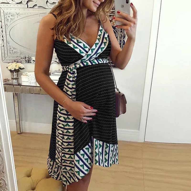 Women's Maternity Dress Shoulderless Clothes Printed Sling Pregnancy Dress Casual Knee Length Baby Shower Large Plus Size enlarge