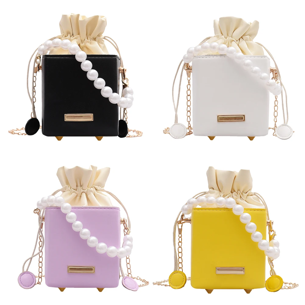 

PU Leather Square Crossbody Bags Women Pearl Chain Drawstring Shoulder Handbags
