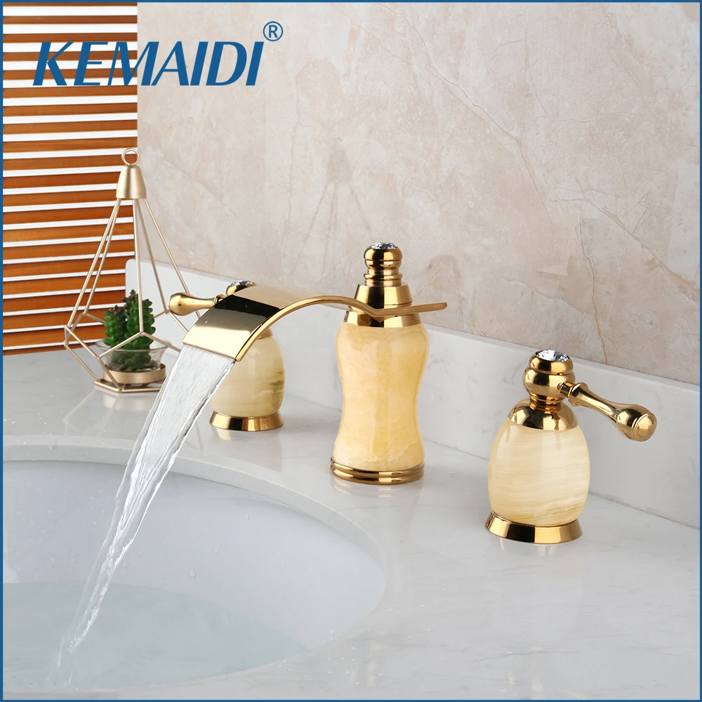 

KEMAIDI Deck Mounted Jade Golden Polished Basin Faucet Double Handles 3 Pieces Waterfall Spout Bathroom Bathtub Faucets Set