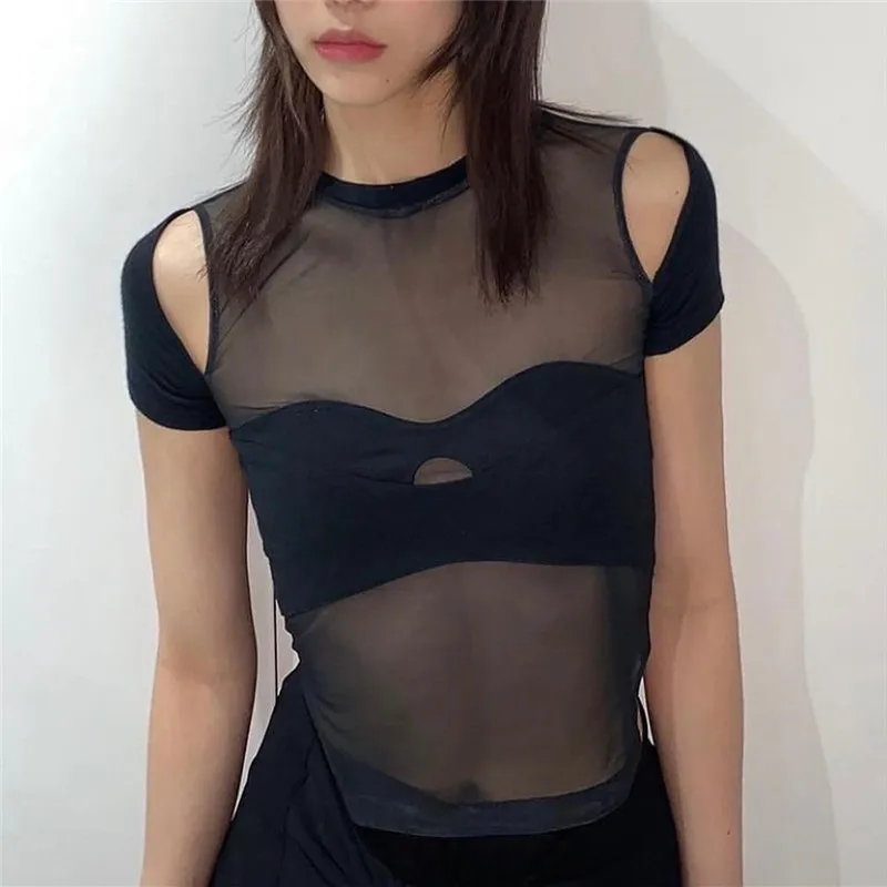 

Sexy Mesh See Through Crop Top Clubwear Harajuku Graphic Print Short Sleeve Slim Fit T-shirt E-girl Dark Academia Tees Women