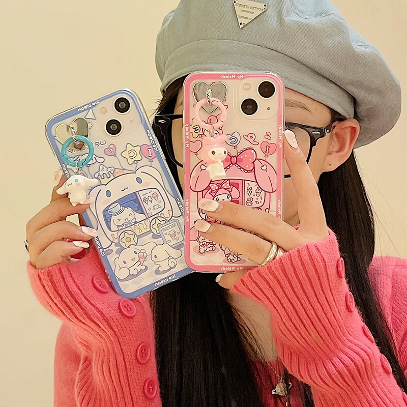 

For iPhone 14 13 12 11 Pro Max Plus Fashion Ice Cream Rabbit Pendant Clear Case for iPhone 14Pro Soft Silicone Transparent Cover
