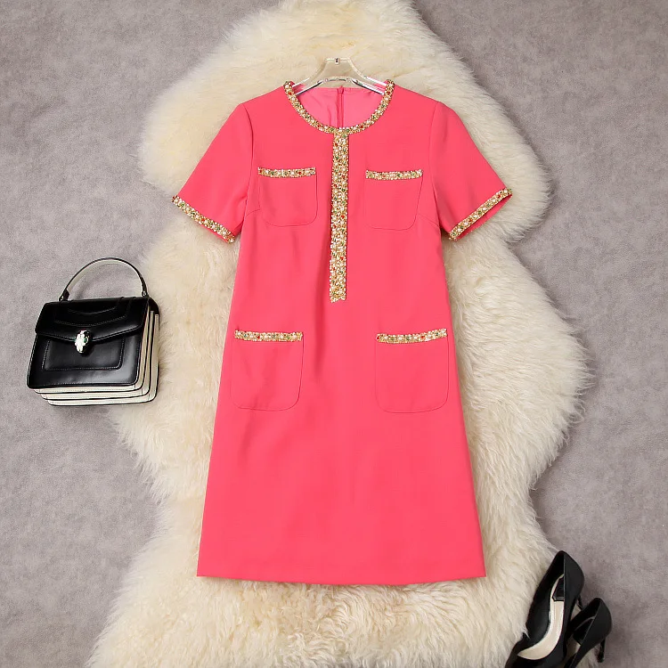 

Женское летнее платье с коротким рукавом и круглым вырезом, модное платье в европейском и американском стиле с крупными гвоздиками и карманами, новинка 2023