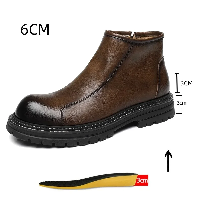 Зимние ботинки плюшевые высокие кожаные туфли с подъемом мужские на молнии 6 см