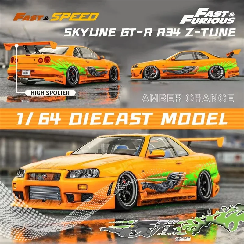 

Fast Speed FS 1:64 Skyline GT-R R34 Z-Tune High Wing FNF Amber Orange limited999 Diecast Model Car