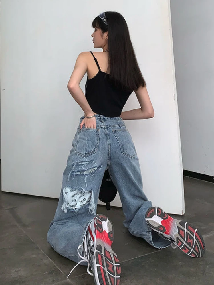 ADAgirl Ripped Jeans for Women Y2k Vintage Blue High Waist Patchwork Fashion Wide Leg Pants Streetwear Baggy Mujer Denim Bottoms
