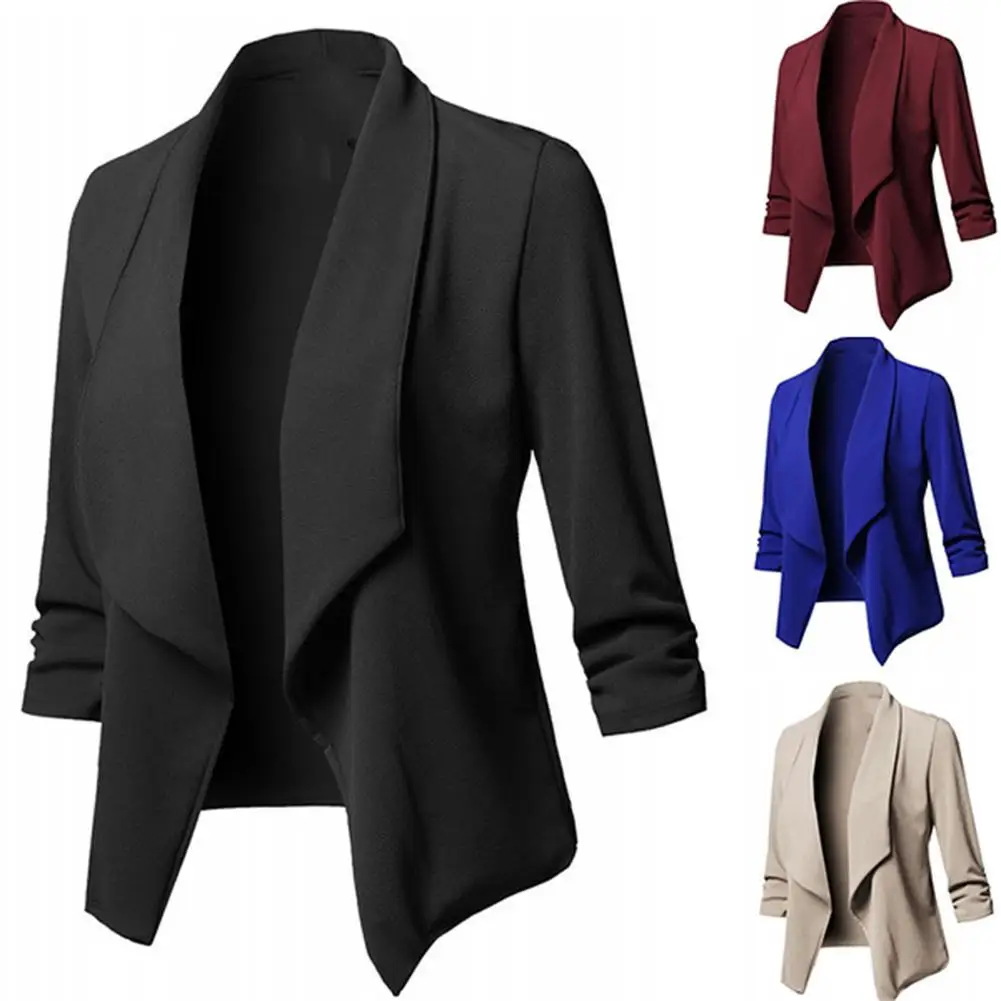 

Женский офисный однотонный Блейзер 2021, женское деловое пальто с лацканами и открытой передней частью, короткая куртка, костюм 5XL, женский бл...