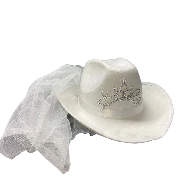 White Cowboy Hat with Veil Decoration 