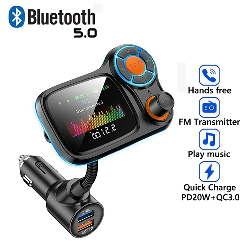 

Автомобильный FM-передатчик, Bluetooth совместимый адаптер 5,0, двойной USB QC3.0, быстрое зарядное устройство, разъем AUX 3,5 мм, Автомобильный MP3-плеер д...
