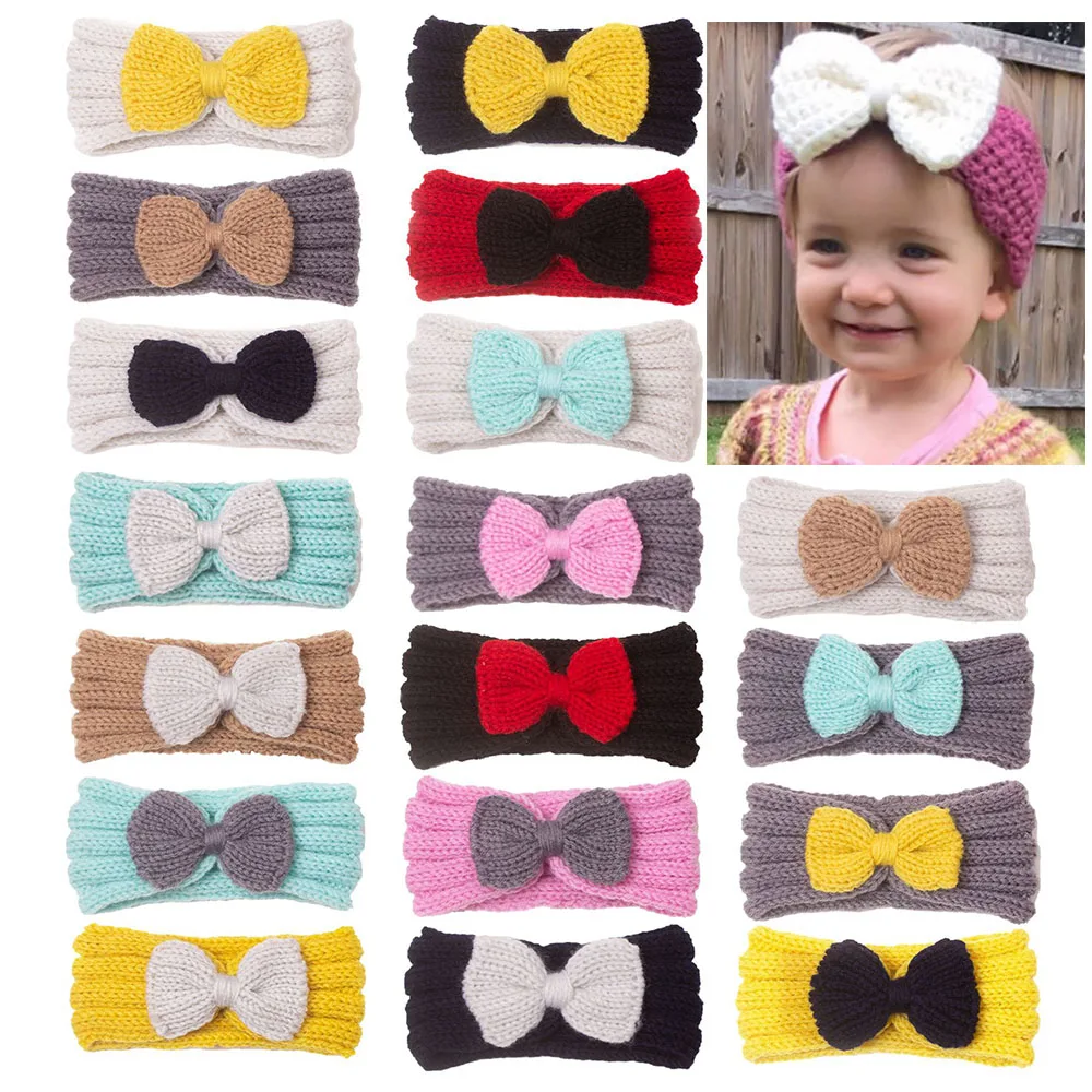 

Baby Knitted Contrast Bow Hairband Soft Warm Color Blocking Newborn Kids Headgear Winter Spring Elastic Girls Headband Gifts