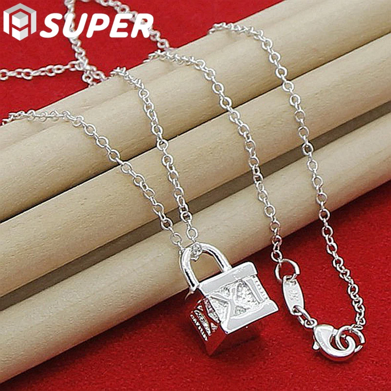 

925 Sterling Silver Solid Square Lock Pendant Necklace 18-30 inch Chain For Women Man Charm Fashion Jewelry