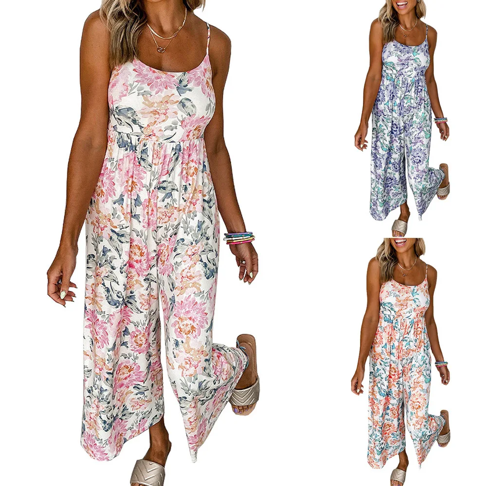 New Summer High Waist Wide Leg Jumpsuit Women's Floral Suspender Backless Dress Woman Jumpsuits Jumpsuits for Women Romper