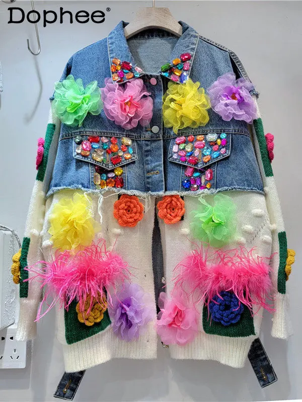

Knitted Sleeve Patchwork Denim Jacket Women European Style 2022 Autumn Winter Feather Rhinestone Handmade Flower Loose Jean Coat
