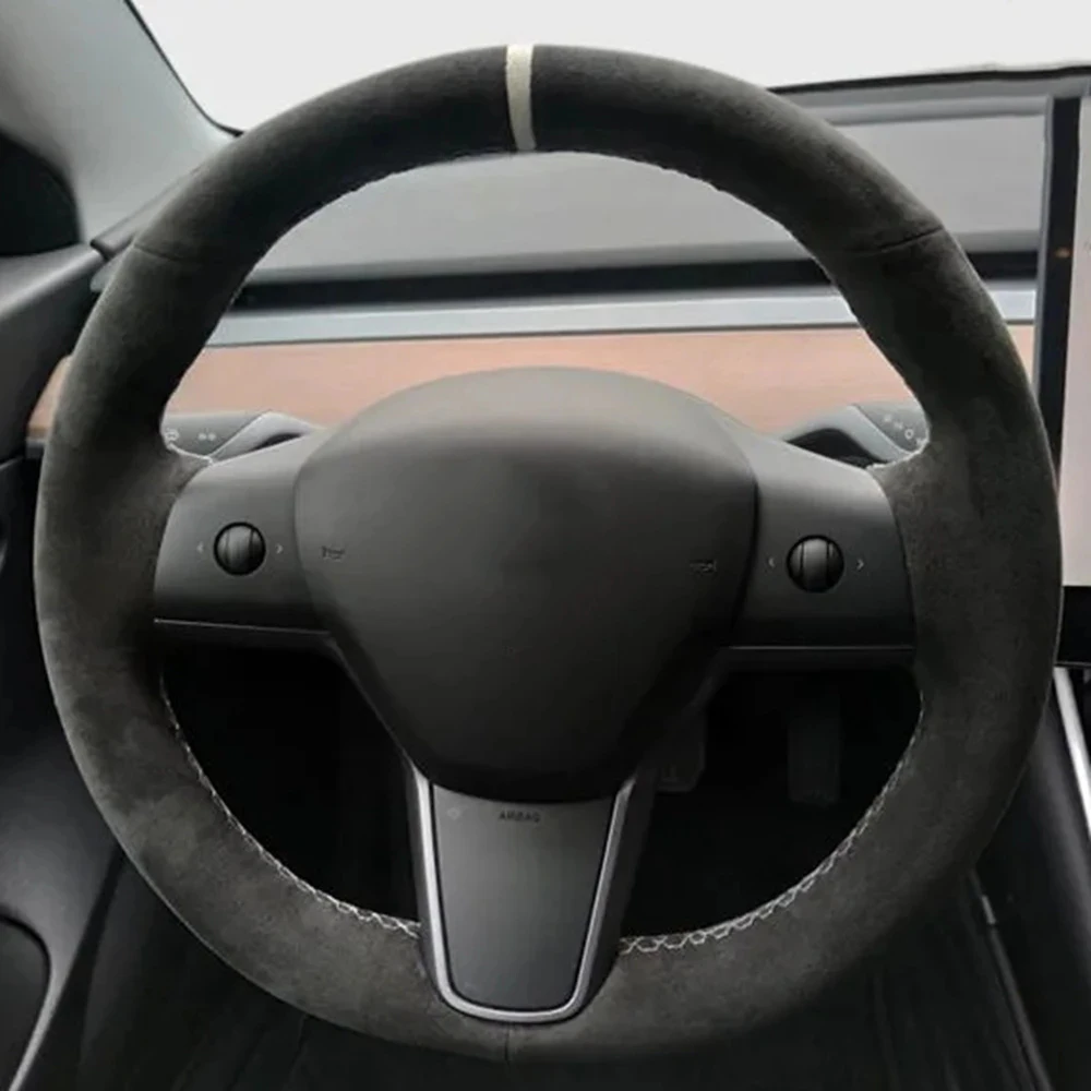 

Hand-Stitched Non-Slip Black Genuine Leather Suede Car Steering Wheel Cover For Tesla Model 3 2017 2018 2019 2020