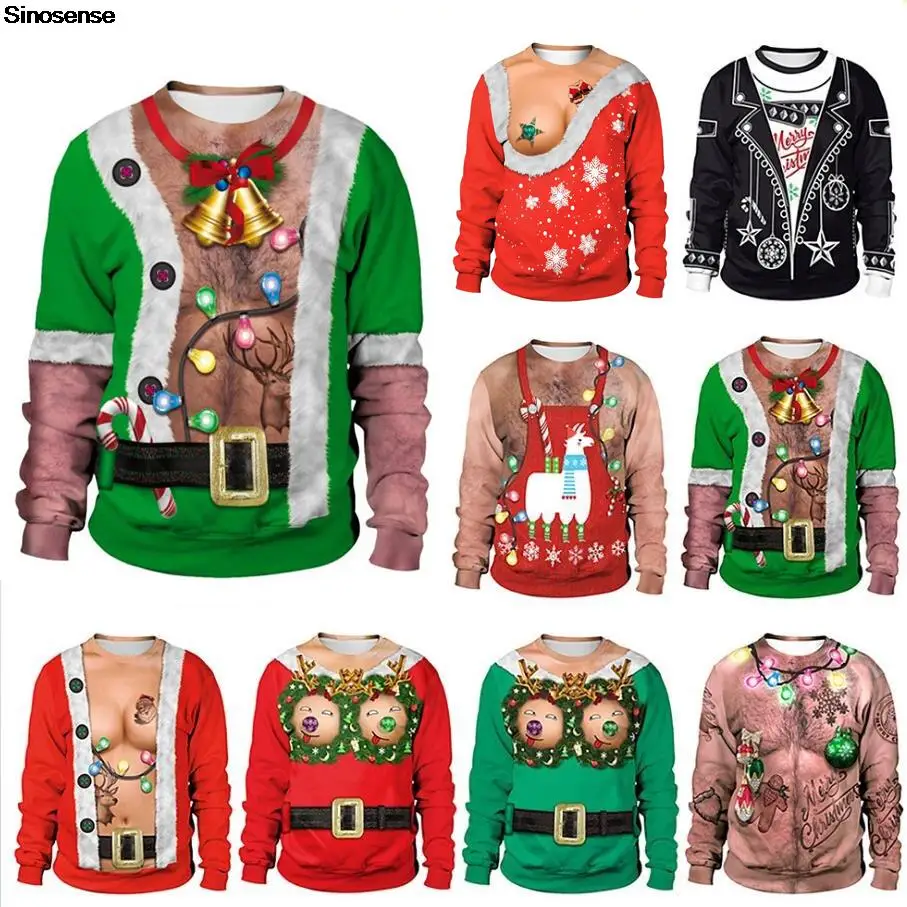 

Men Women Chest Hair Ugly Christmas Sweater 3D Christmas Bell Tree Reindeer Printed Holiday Party Sweatshirt Xmas Jumpers Tops