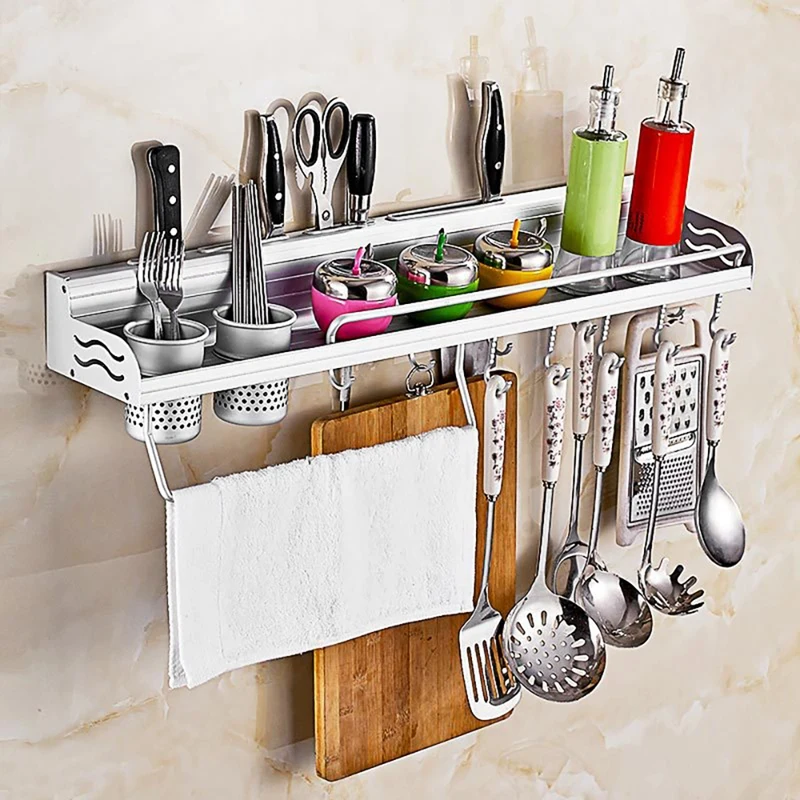 

Multifunctional Utensil Rack Wall Mounted Kitchen Utensils Hanging Hooks With Knife Towel Holder Seasoning Kitchen Shelf