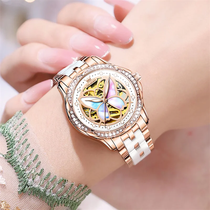 OLEVS Women Watches Fashion Colorful Butterfly Dial Automatic Mechanical Watch Top Brand Luxury Ladies Wristwatch Reloj Mujer