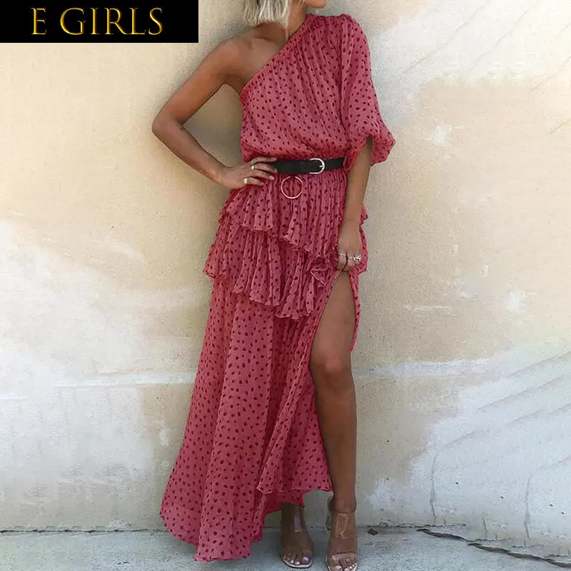 

E GIRLS Women's High Waist A-line Dot Lantern Sleeve Long Dresses 2023 One-shoulder Backless Ruffles Female Dress New Streetwear