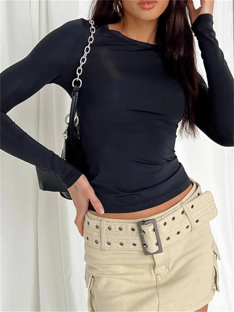 Женская Повседневная Однотонная футболка с длинным рукавом сезон весна-осень