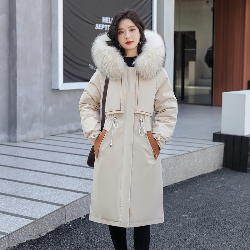 Women's Warm Jacket 2021 Autumn and Winter Long Zipper Hooded Fur Collar Jacket Temperament Loose Detachable Parka Jacket
