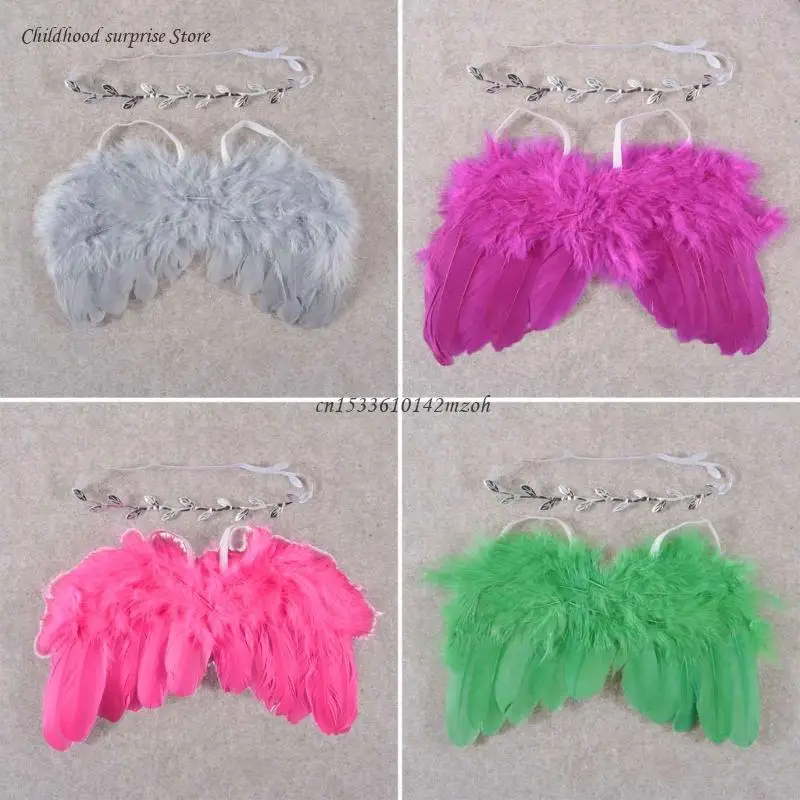 Крылья ангела с перьями реквизит для фотосессии листьями повязка на голову белая