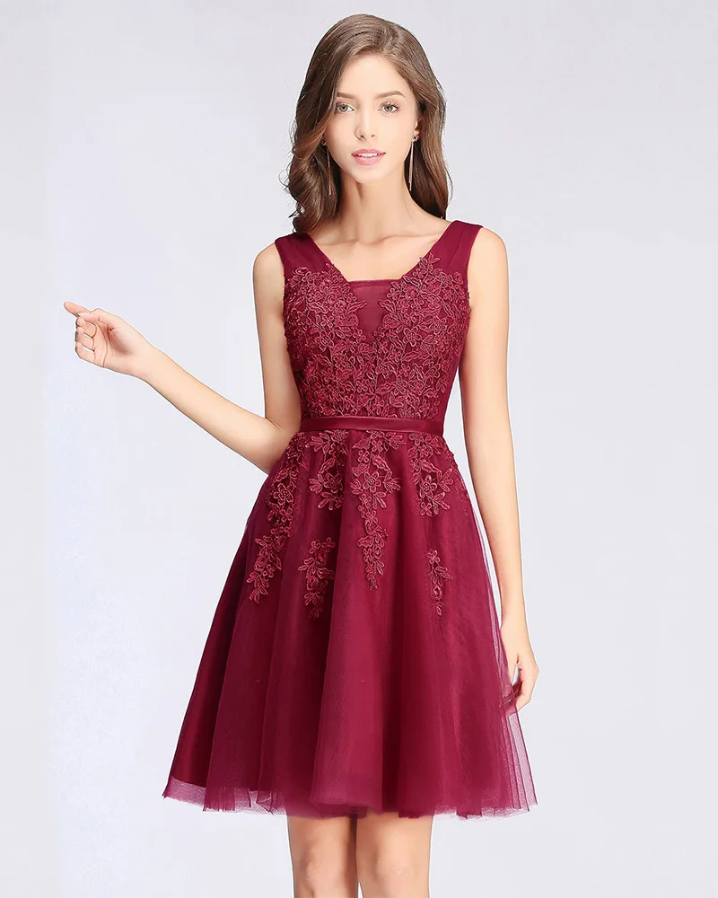 

Formal Graduation V-neck A-line Sleeveless Waist Balt Backless Draped Knee-length Tulle Dress with Appliques Homecoming