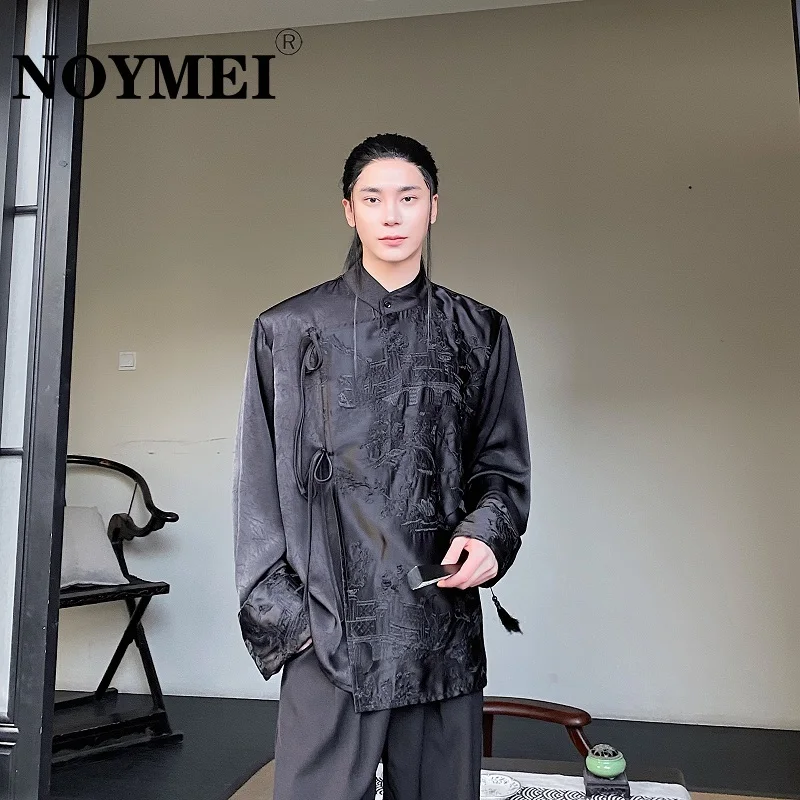 Мужская вышитая рубашка NOYMEI со шнуровкой стоячим воротником и длинными рукавами