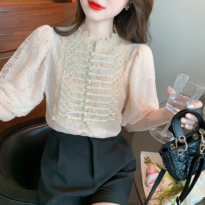 

Chiffon Slim Fit Women's Blouse Lace Splicing Summer Shirt Short Sleeve Casual Fashion Top Female 2022 New Korean Style Clothing
