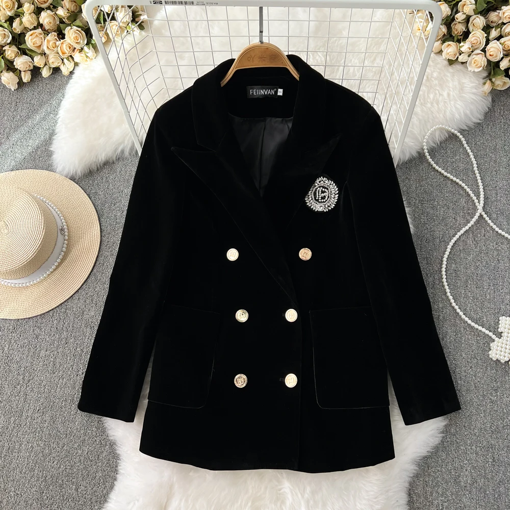 

Осенне-зимний утолщенный Теплый черный бархатный блейзер