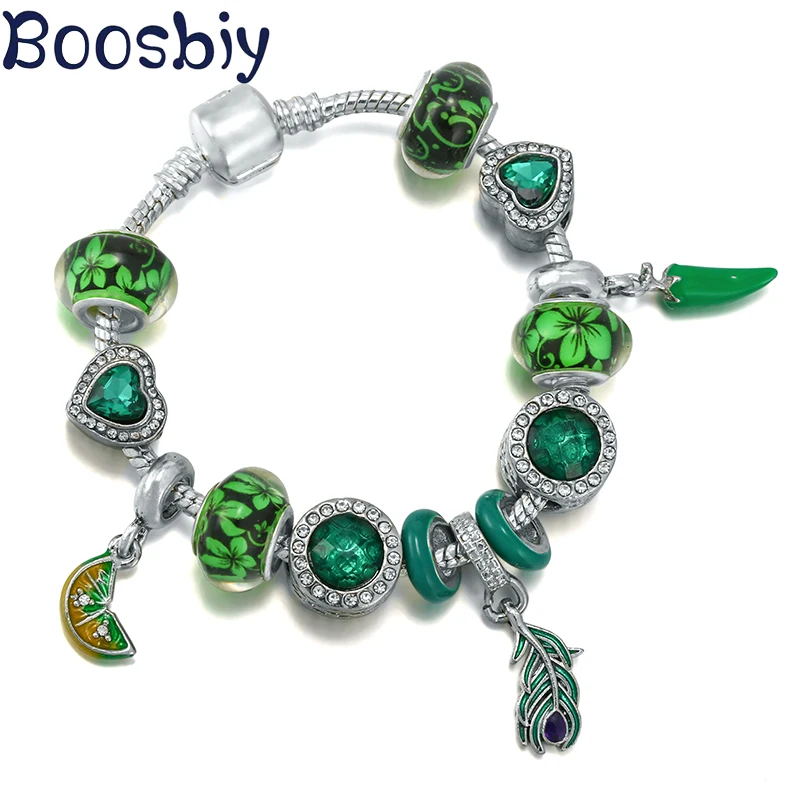 

Green Peacock Feather & Lemon Heart Charms Beads Bracelets With Pendants Fits Brand Jewelry Gift Bracelet For Women New Arrival