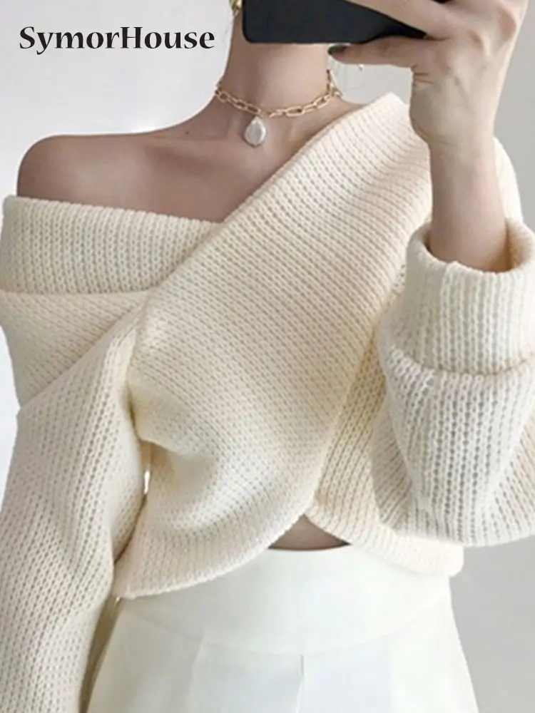 

Autumn Winter Sexy Criss-cross V-Neck Knitted Sweater Women Long Sleeve Jumper Femme Elegant Party Pullover Knit Tops Female