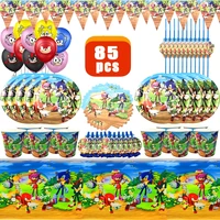 the blue hedgehog theme cartoon party supplies set paper napkin tablecloth plates balloons baby shower birthday party decoration