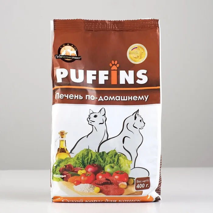 6 шт.   Puffins сухой корм дкошек 400гр Печень по-домашнему 118
