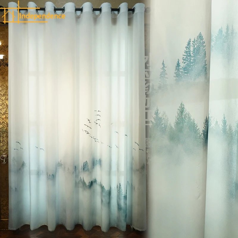 

Chinese artistic conception Curtains for Living room bedroom landscape window new white screen partition tulle digital printing