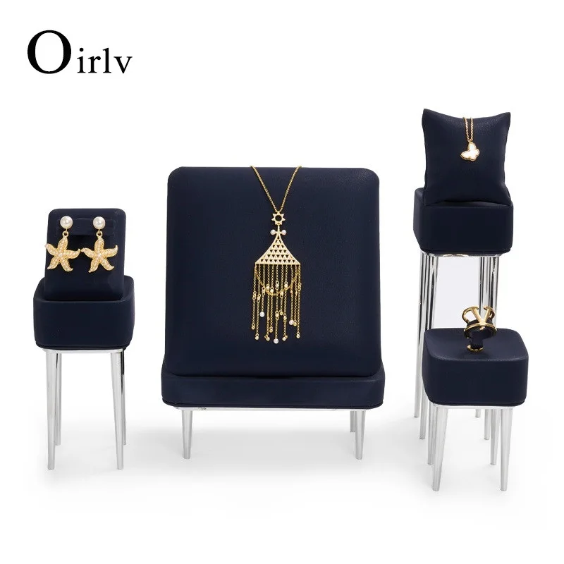 Oirlv Metal Jewelry Display Stand for Ring Necklace Jewelry Storage Rack Shop Cabinet Exhibited Prop with Blue PU Leather
