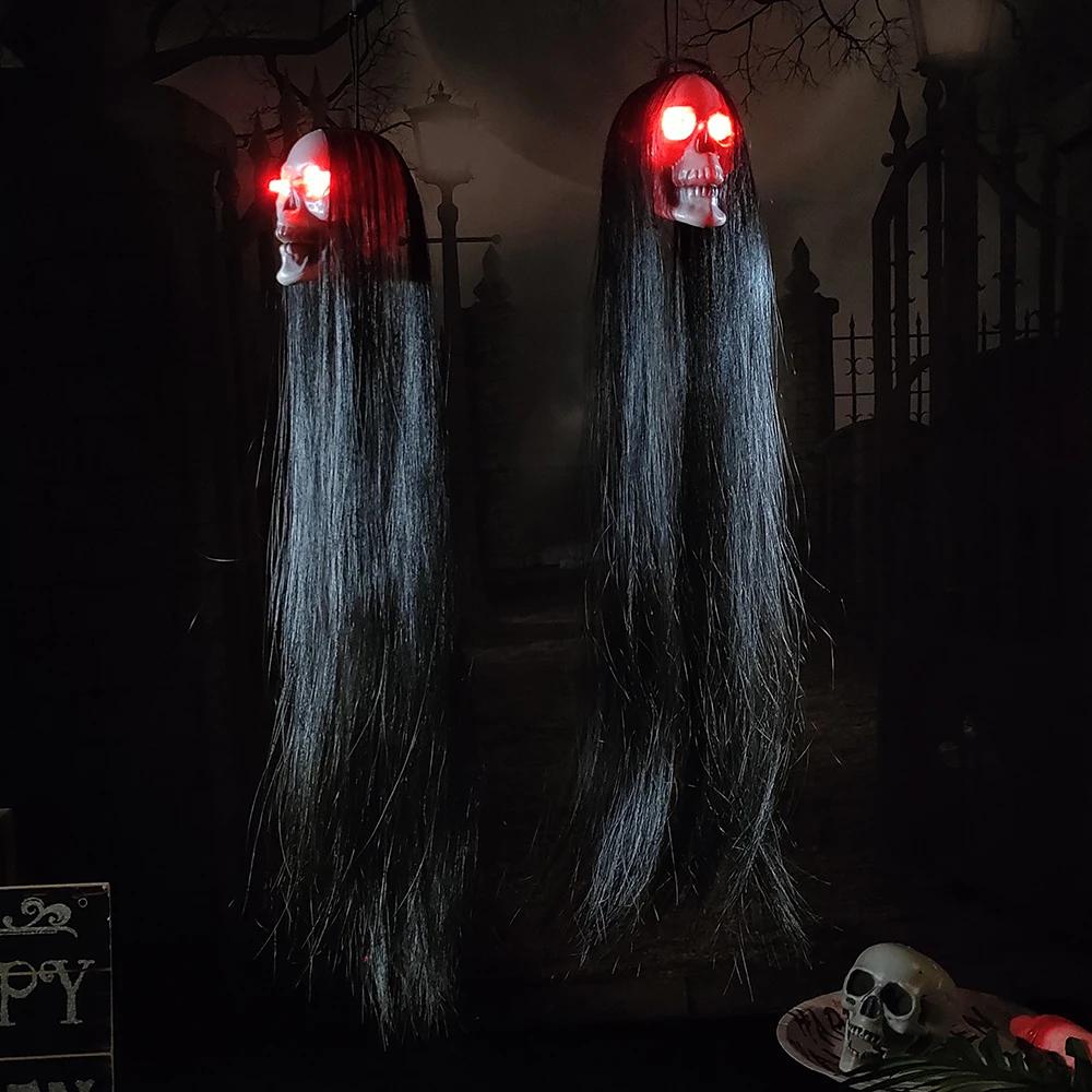 

Хэллоуин подвесной Призрак Череп с длинными волосами светящиеся глаза Ужас Череп Призрак голова Скелет реквизит 2023 Хэллоуин украшение