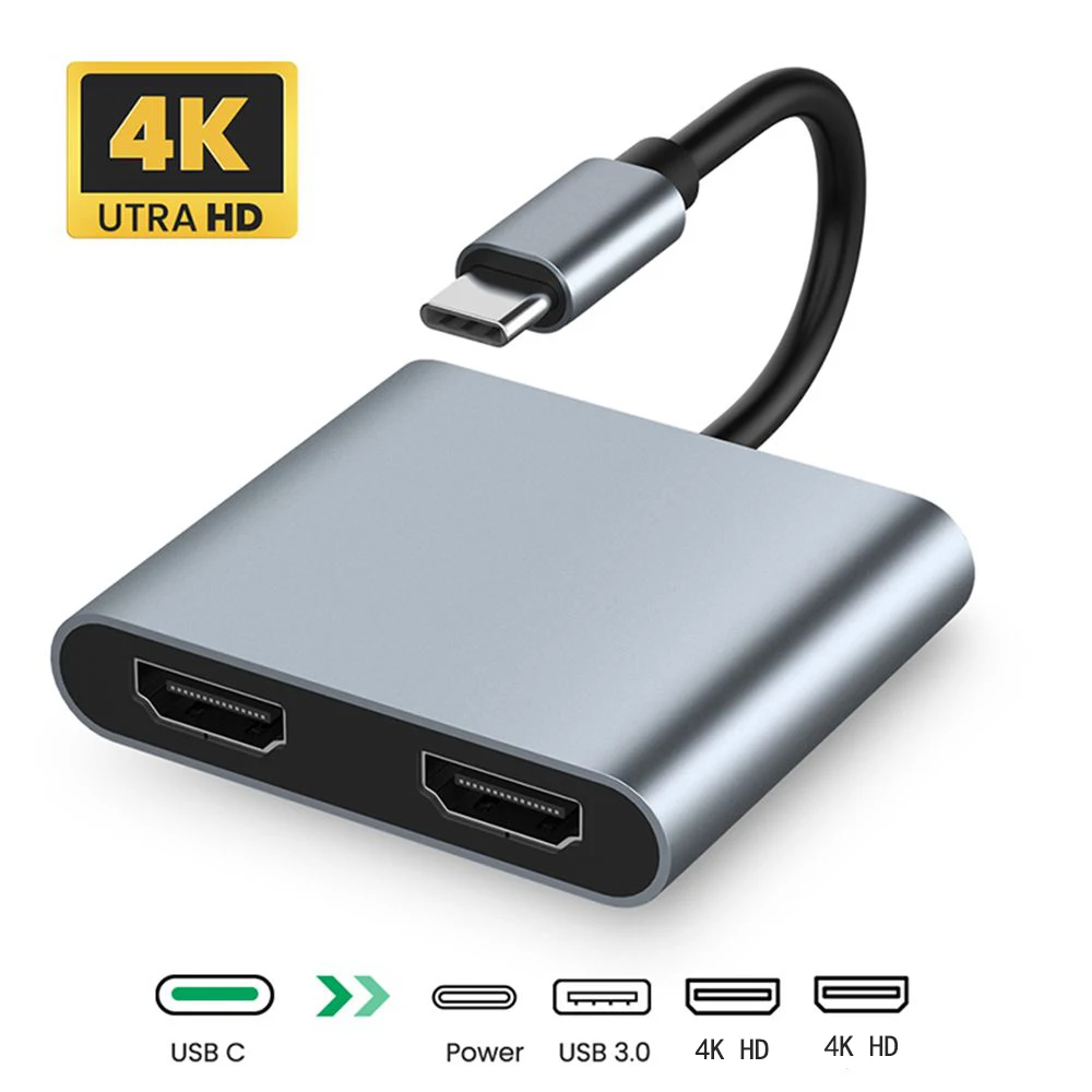 

USB C 4 In 1 Docking Station Type-C Thunderbolt3 to Dual HD 4K Screen USB 3.0 PD Fast Charging Splitter Hub for Macbook Laptops