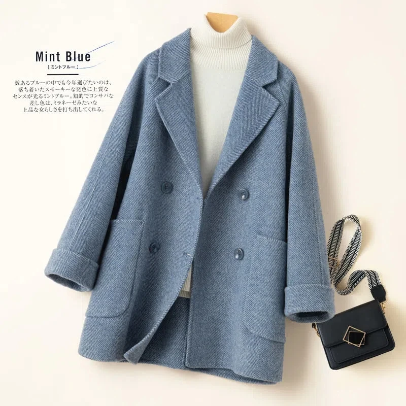 Mid-Length Herringbone Double Sided 100%Wool Coat Women Fashion Elegant OL Loose Double Breasted Winter Jacket Clothes