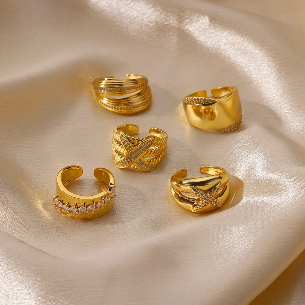 Роскошные циркониевые кольца для женщин трендовые золотистые из нержавеющей